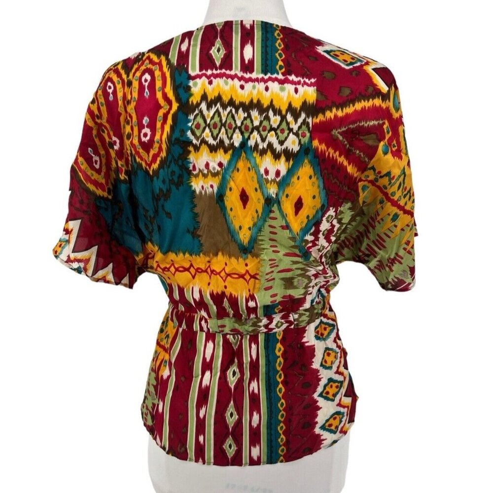 Industrie B Women’s  Silk Blouse Ikat Print-Tie Front- Size Small - Picture 2 of 6